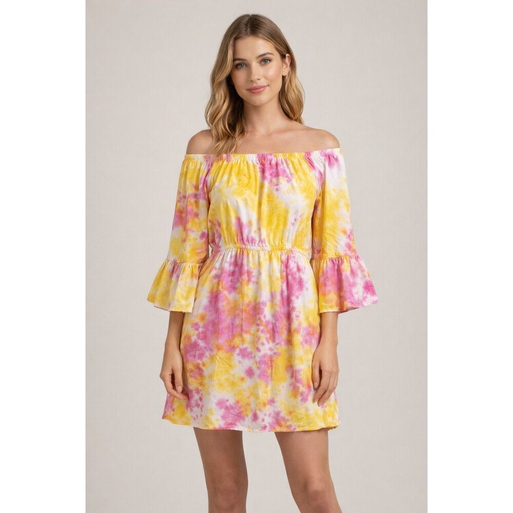 Feathers Tie Dye Off Shoulder Boho Mini Dress Medium Rayon
